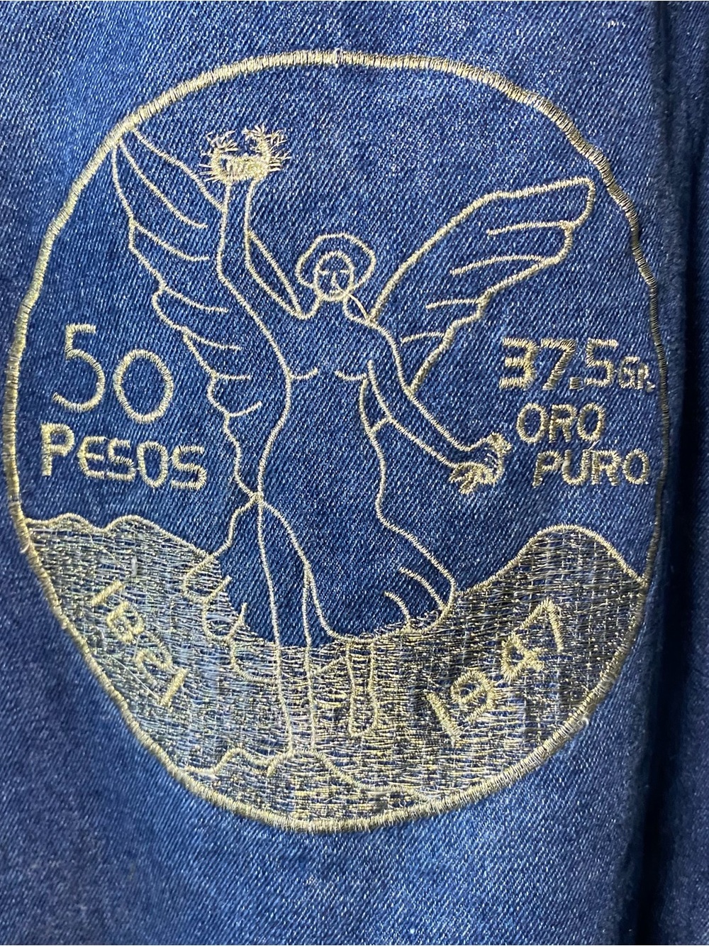 Black Blue Gold Embroidery MEXICO 50 Pesos Oro Angel Sherpa Trucker Jacket XL